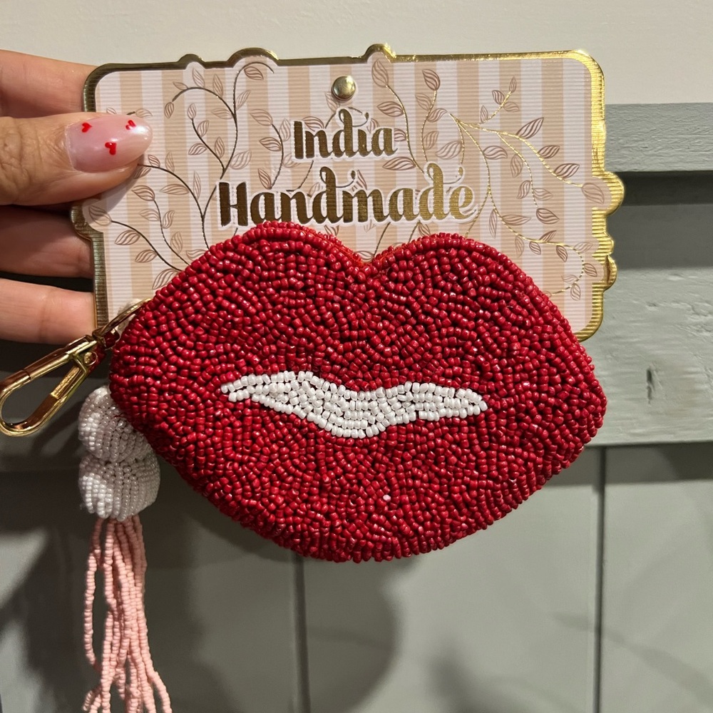 Red Lip-Shaped Beaded Clutch